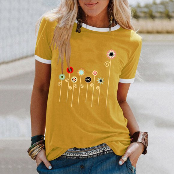 EGNMCR T Shirts for Women Woman Colour Flower Print Short Sleeve Round Neck Casual Loose Tops Short Sleeve