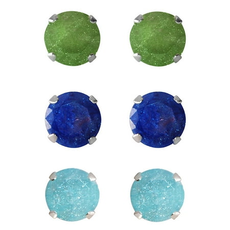 - Set of 3-pair Sterling Silver 8-mm Turquoise, Dark Green, Bright Blue Ice Cubic Zirconia Stud Earrings