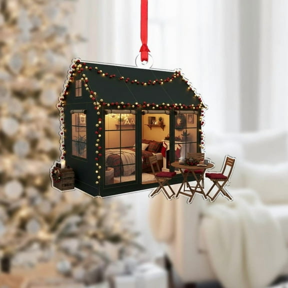 ViciArt Tiny House Christmas Ornament, Rustic Winter Lodge, Miniature Cabin with LED Lights