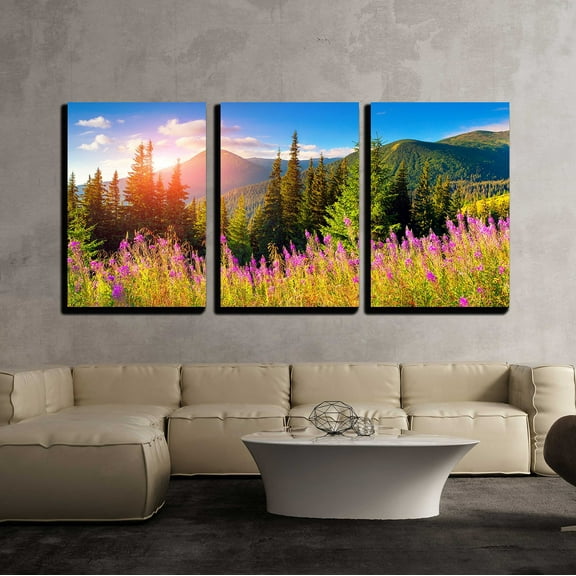 wall26 - 3 Piece Canvas Wall Art - Beautiful Autumn Landscape in The Mountains with Pink Flowers. - Modern Home Art Stretched and Framed Ready to Hang - 16"x24"x3 Panels