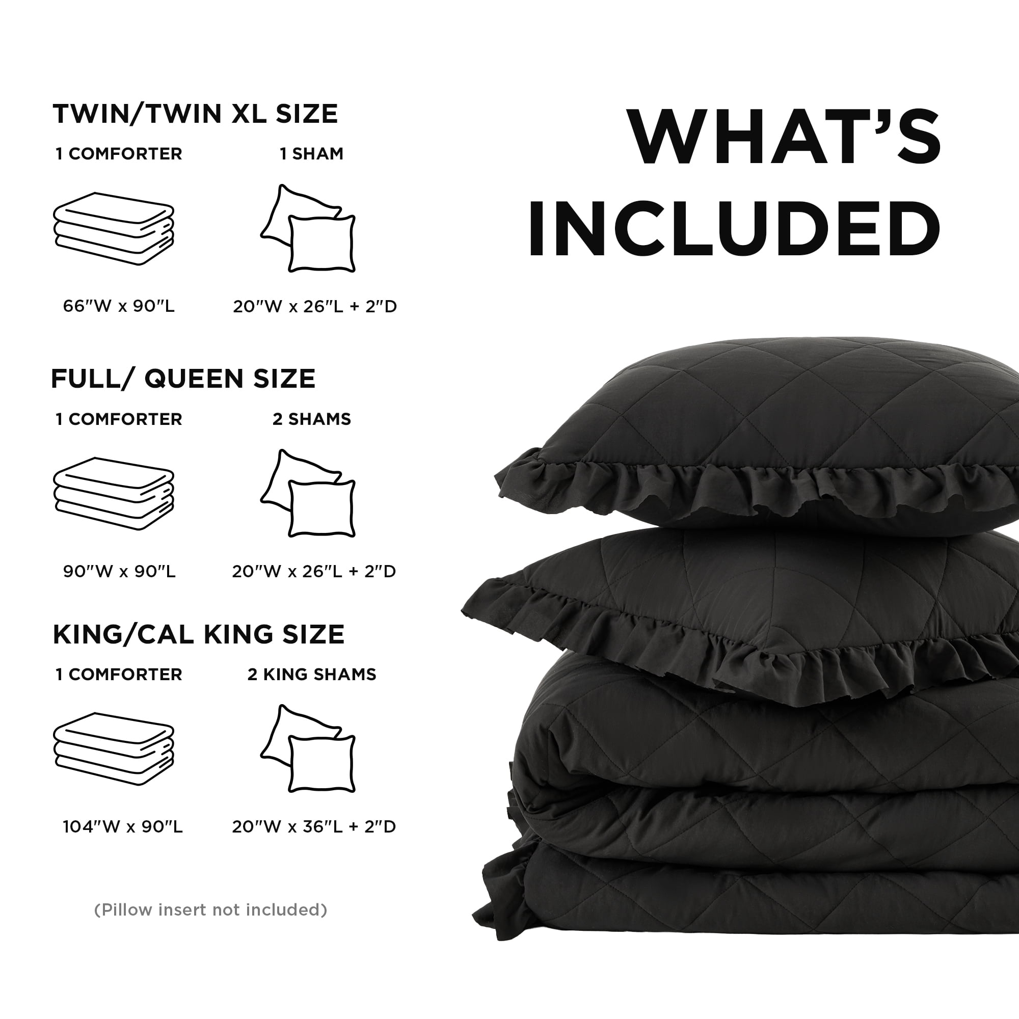 Regency Heights Twin/Twin XL Comforter Set Black, 2 Pieces Quilted Ruffle Comforters Twin/Twin XL Size, Solid Bedding Comforters Sets, Gift for Women