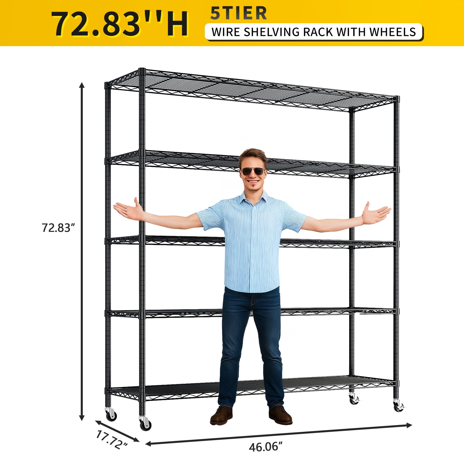 5-Tier Adjustable Iron Shelving Unit with Lockable Casters, Black, 46.85 x 18.50 x 72.83 in
