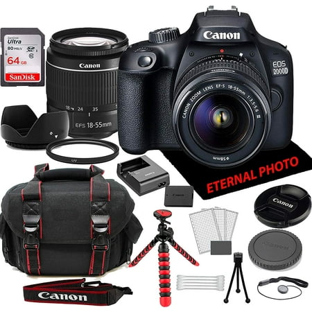 Canon EOS 2000D Rebel T7 DSLR Camera w/Canon EF-S 18-55mm Zoom Lens, 64GB Memory Card , Camera Case (20 Piece Bundle)