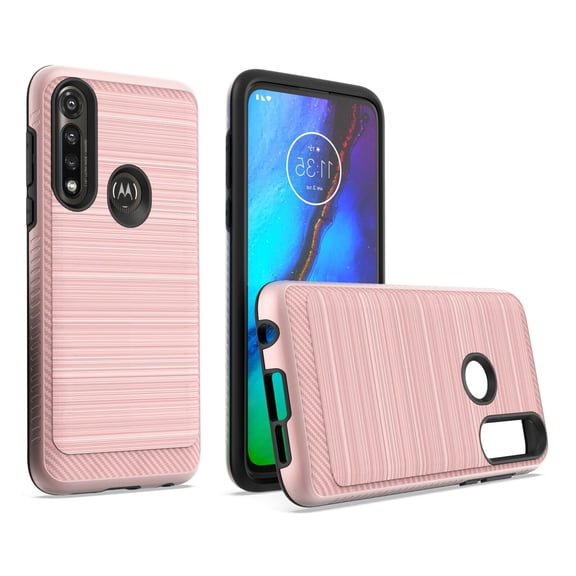 For Motorola Moto G Power XT2041DL Brushed Hybrid Phone Cover Case   Tempered Glass - Lining Rose Gold