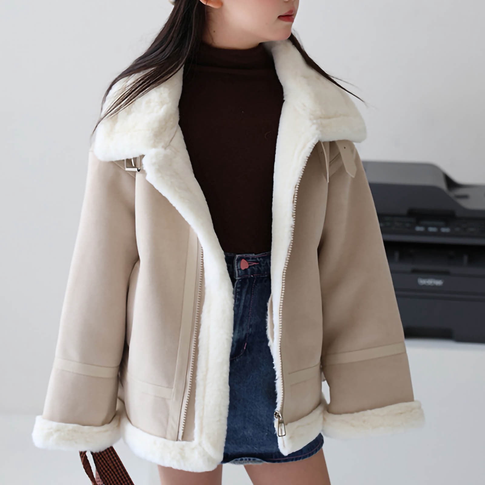 Girls Winter Faux Leather Jacket Long Sleeve Zip up Lapel Fleece Lined Thick Warm Coat Fall Trendy Kids Jackets (4 Years, White)