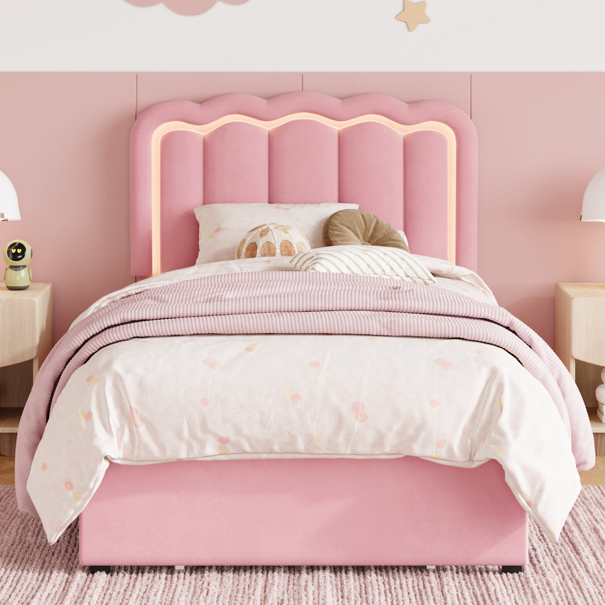 Amolife Twin Size LED Bed Frame with Drawer, Platform Bed with Velvet Upholstered Adjustable Wavy Headboard, Pink