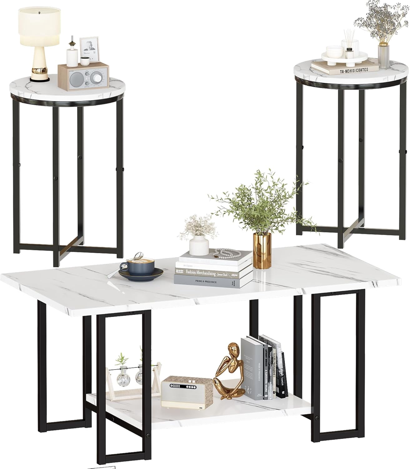 Cvortll 3-Piece Living Room Table Set, Coffee Table with 2 Round End Tables, Faux Marble Top & Metal Frame, for Apartment & Home, White