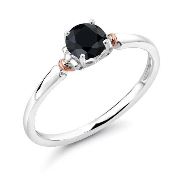 Gem Stone King 925 Sterling Silver and 10K Rose Gold Black Sapphire Solitaire Engagement Ring for Women (0.69 Cttw, Gemstone September Birthstone, Round 5MM, Available in Size 5, 6, 7, 8, 9)