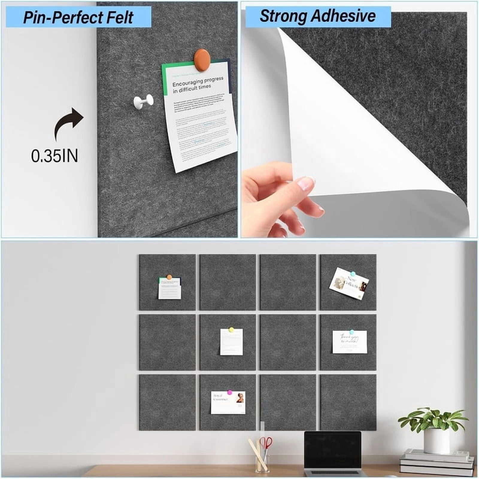 Easy4Home Large Cork Board for Wall 48"x36" Self Adhesive Bulletin Pin Board, 12 Pack Felt Wall Tiles, Gray