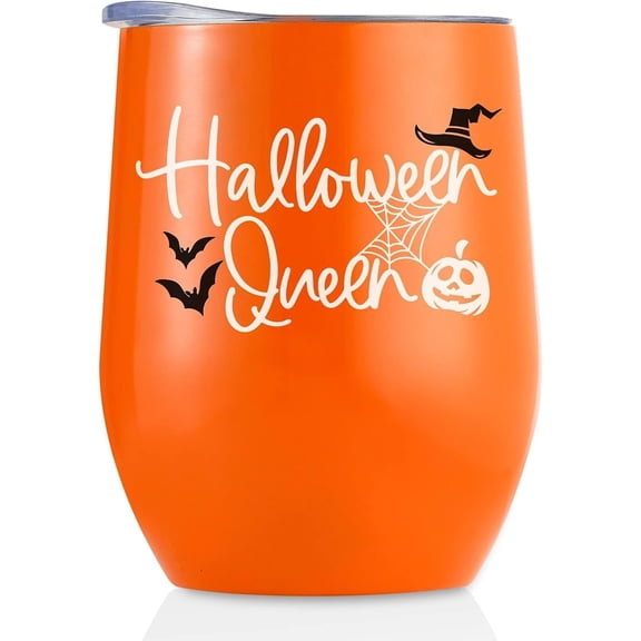 Halloween Gifts for Adult Hostess 12oz Wine Tumbler, Queen | Stainless Steel Insulated Tumbler with Lid, Halloween Party Decoration