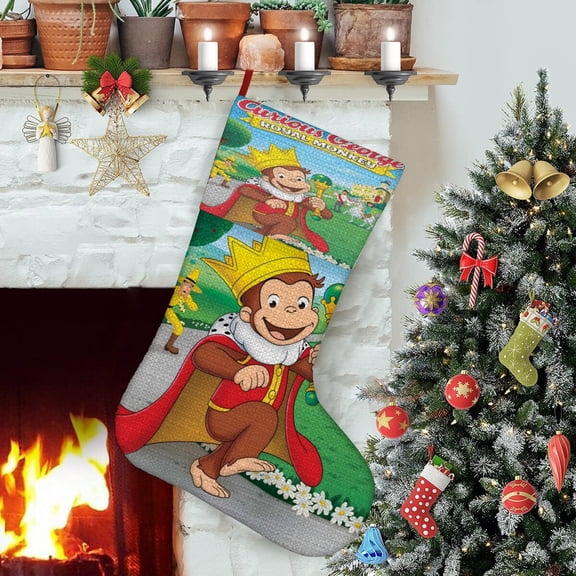 Curious George Monkey-theme Christmas Stockings,Fine white linen for Stairs Fireplace Hanging Xmas Home Decor Christmas gift17.7"X12.6"(45cm×32cm)