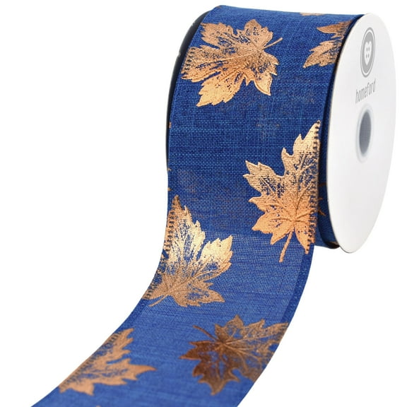 Copper Accent Fall Leaves Wired Ribbon, 2-1/2-inch, 10-yard, Royal Blue