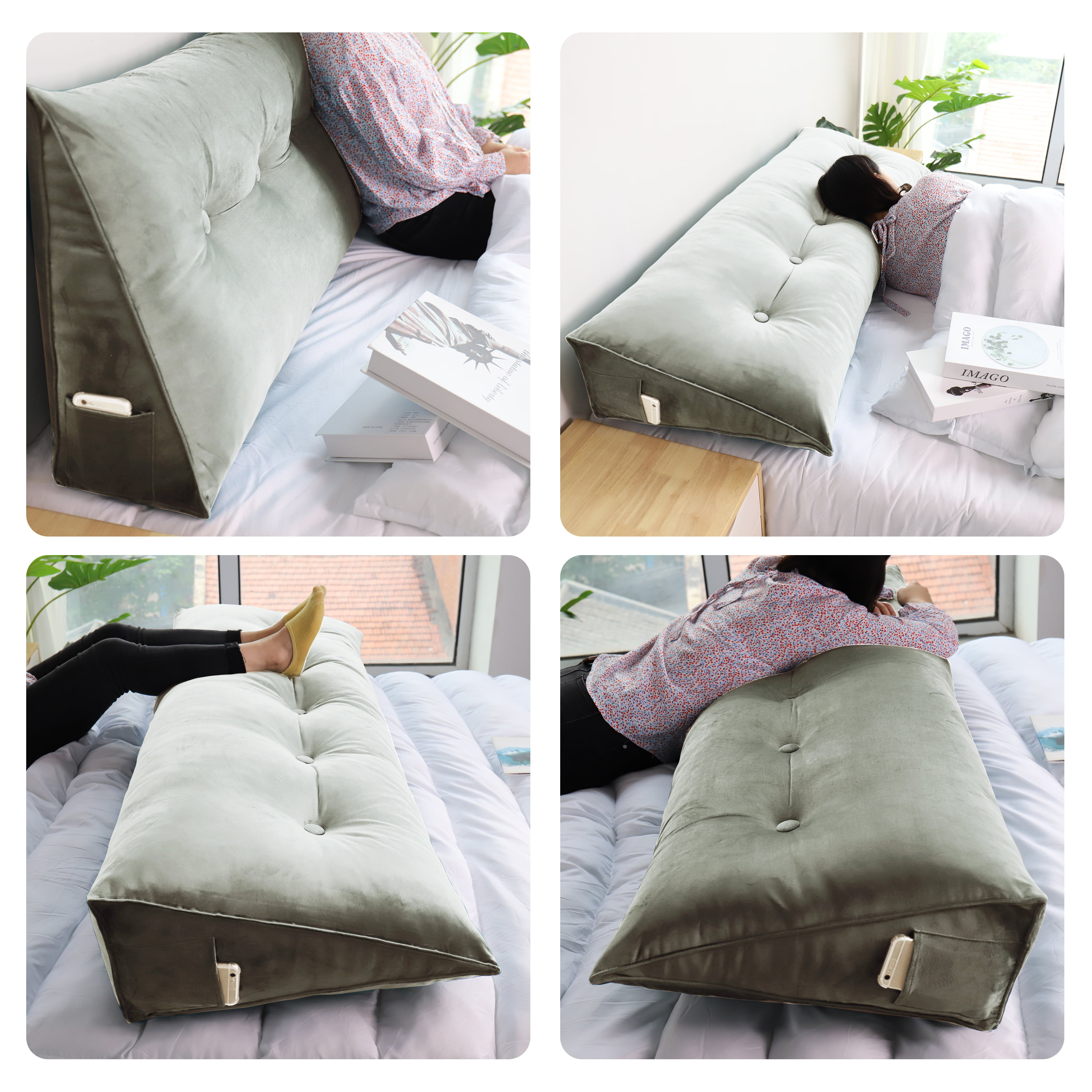 Premium Triangular Bed Backrest Cotton Plush Sofa Back Headboard Pillow  Triangle Cushion Ergonomic Waist Support Lumbar Reading Wedge Pillow 