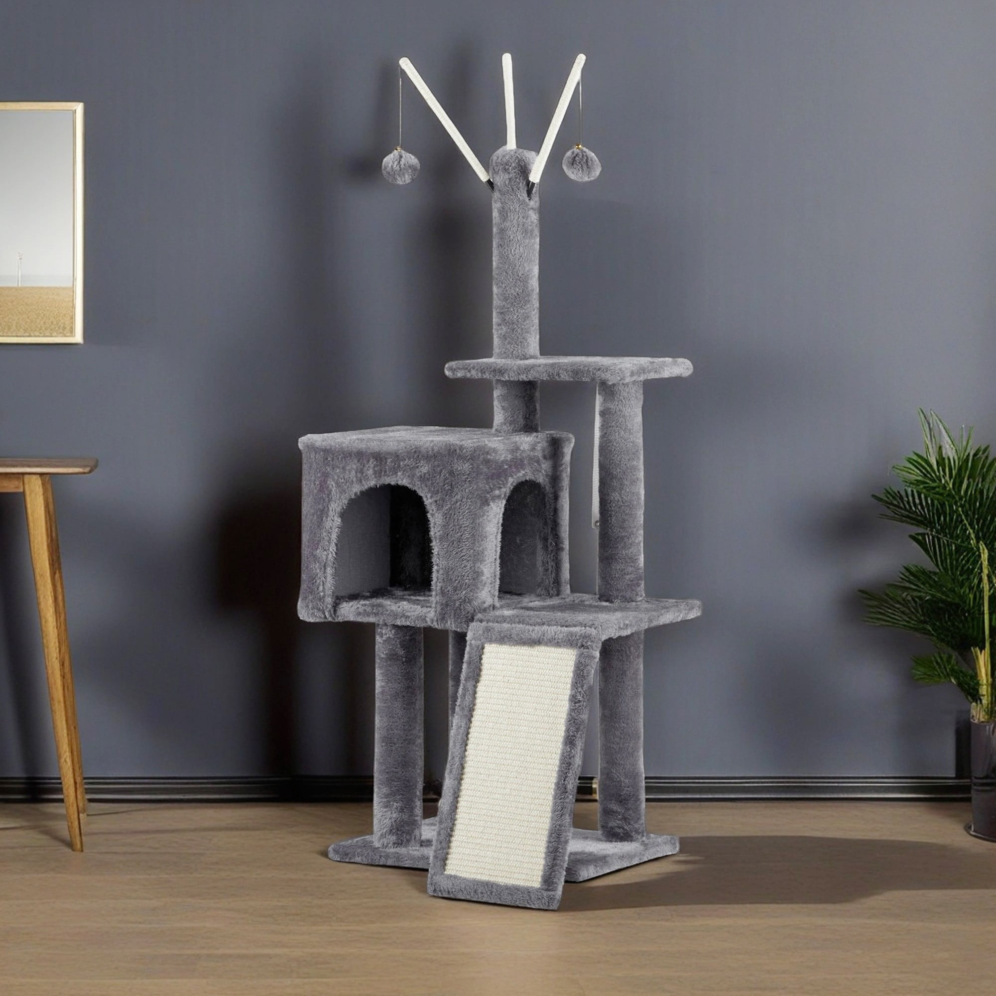 resenkos 49" Cat Tree Tower for Indoor Cats, Large Cozy Cat Condo with Padded Platform Bed, Toy Balls, Scratch Board, Gray