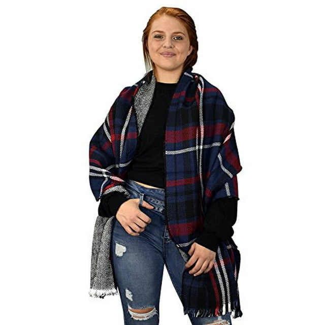 Peach Couture Couverture Réversible Surdimensionnée à Carreaux Tartan Motif Chevrons Foulard