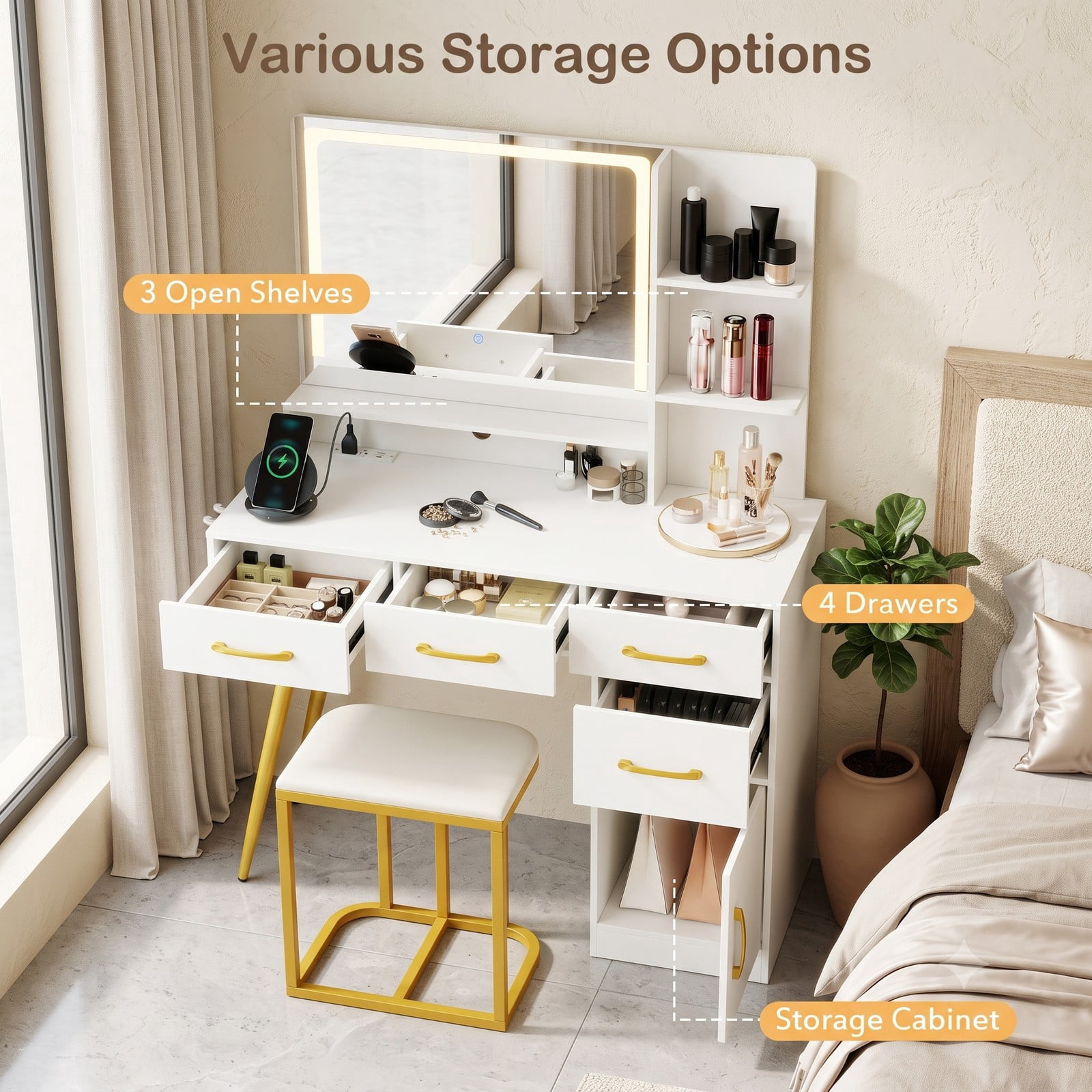Furnibear Vanity Desk with Mirror and Lights, Makeup Vanity Table and Stool Set with Adjustable Brightness and Charging Ports for Bedroom, White
