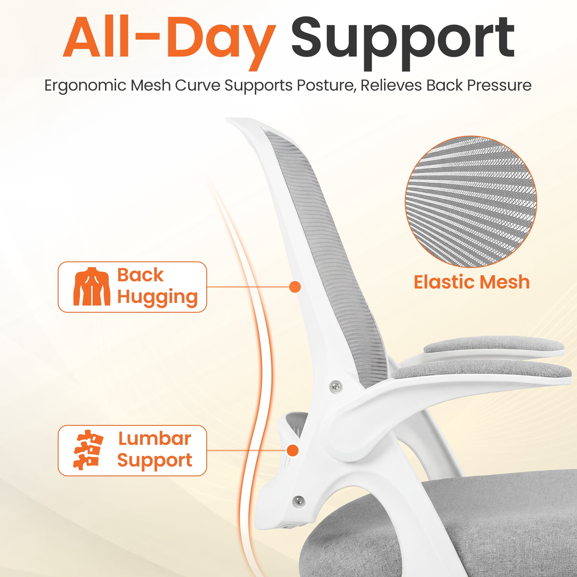 NEO CHAIR Office Chair Gaming Desk Computer Mesh Ergonomic Chair with Flip-up Arms Comfy Lumbar Support Adjustable Height Rolling Wheels Chair for Home Office (Grey)