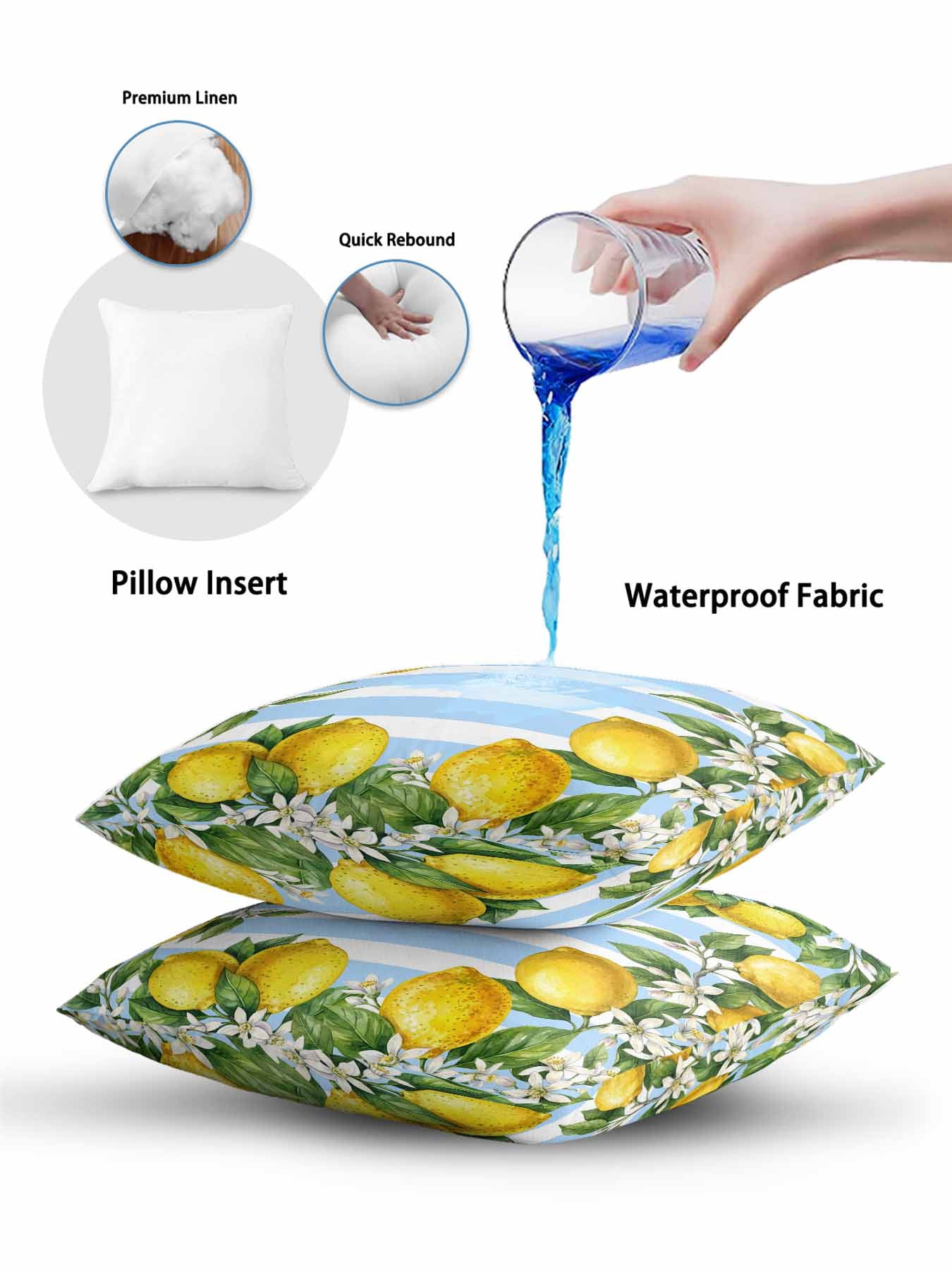 1 Pack Outdoor Pillows Waterproof, Summer Lemons Indoor/Outdoor Throw Pillows with Inserts, Fruits White Flowers Farm Blue White Stripes Decorative Pillow for Patio Furniture Chairs Couch