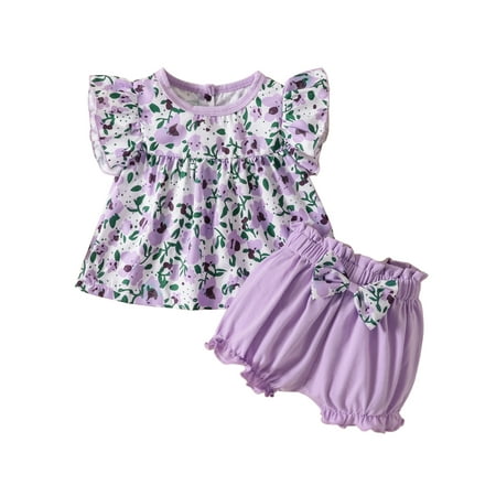 

Genuiskids 2 Pcs Newborn Infant Casual Outfits Baby Girls Floral Print Fly Sleeve Round Neck Pullover Shorts with Bow 0-3T