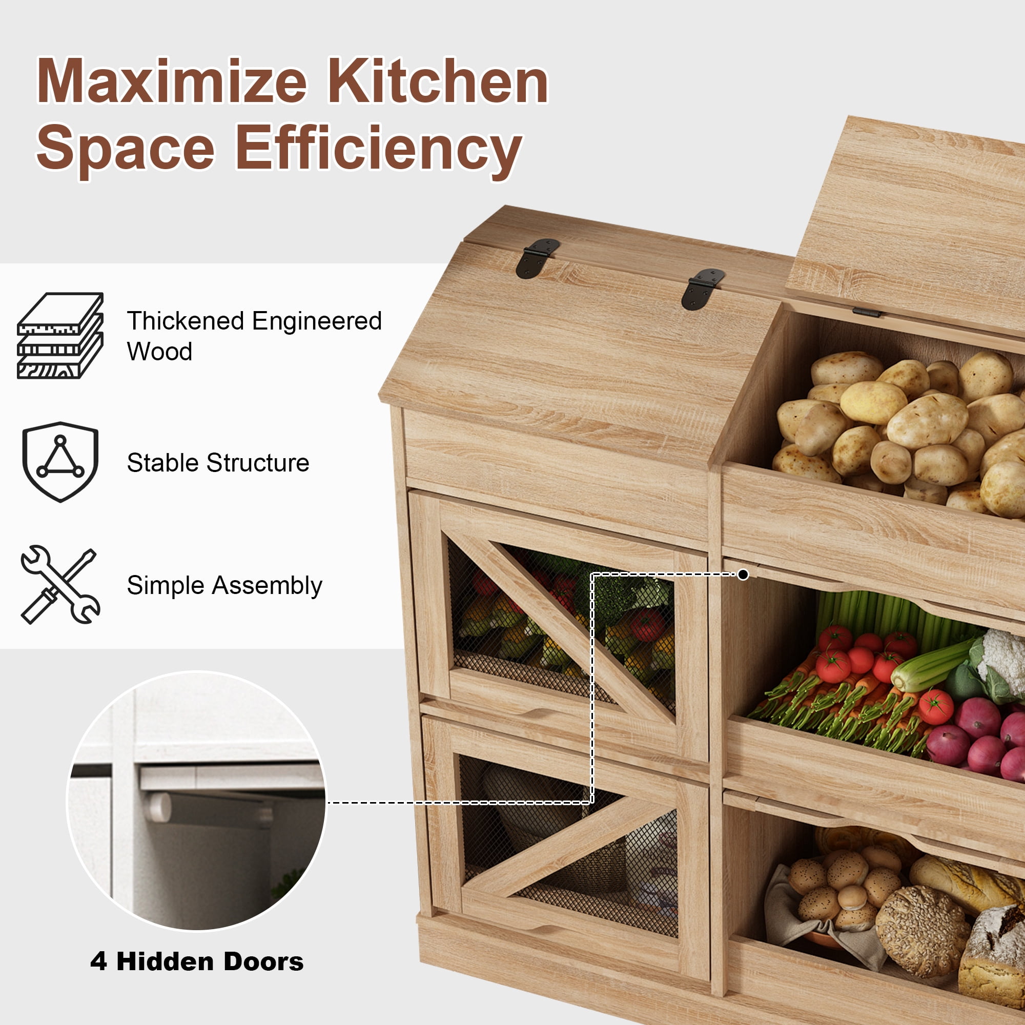 ChVans Large Wood Bread Box for Potato, Onion, Veggie Bin W/6 Compartment Storage, Farmhouse Potato Storage Bin W/Breathable Mesh Doors, Root Vegetable & Bread Keeper