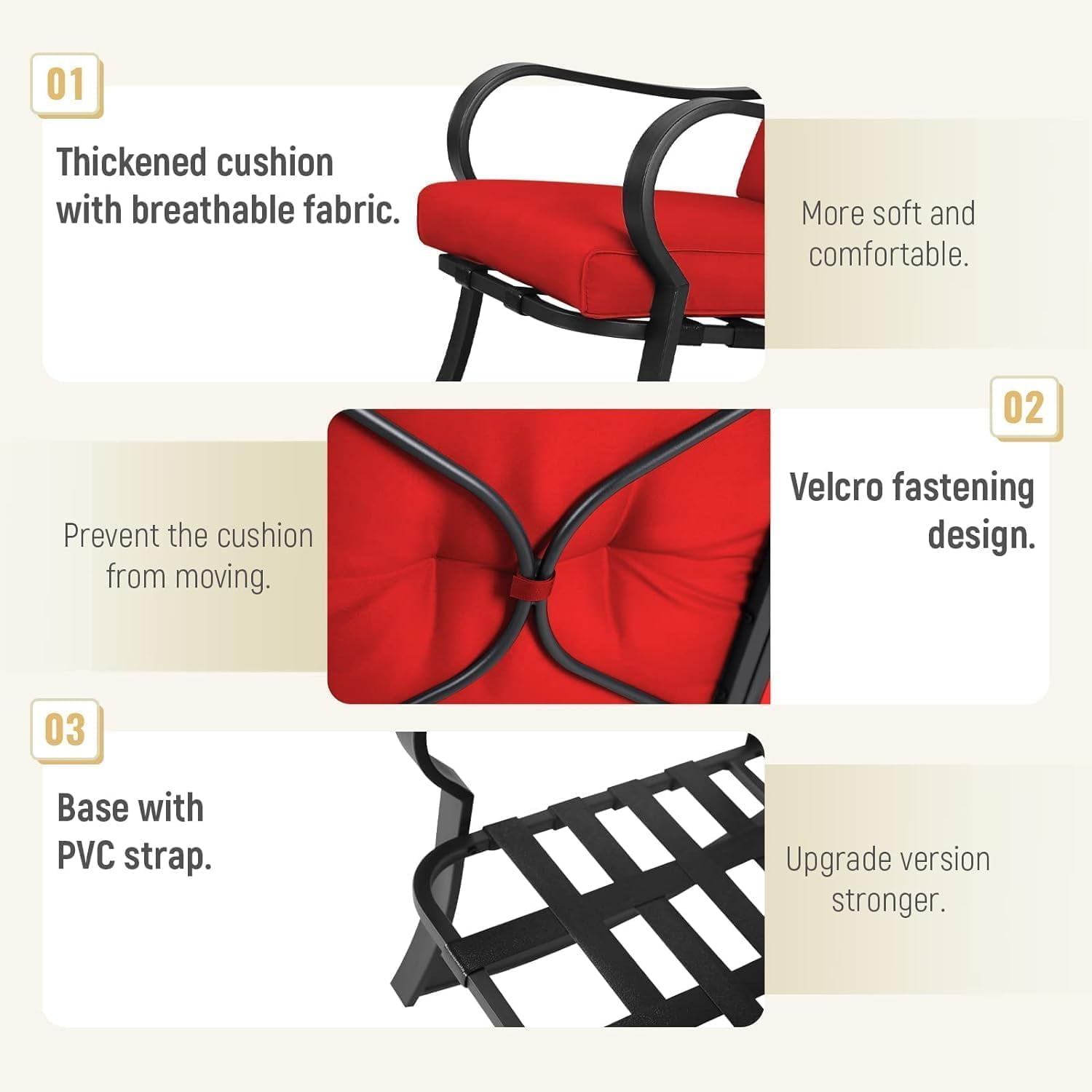 SUNCROWN 3-Piece Outdoor Patio Furniture Black Metal Set with Chairs Set of 2 and Glass-Top Table, Red