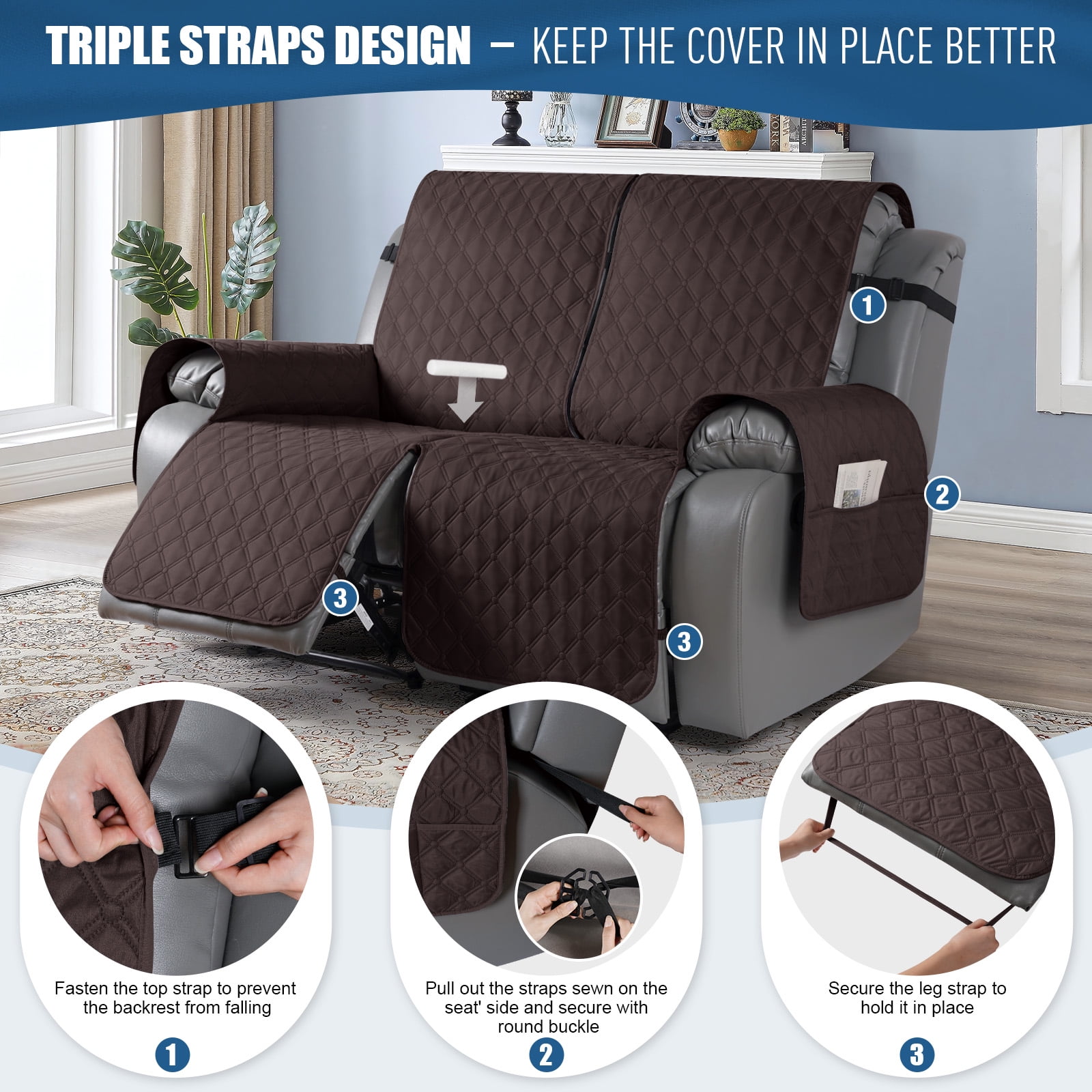 Timeles Waterproof Recliner Covers Loveseat Recliner Sofa Covers with Leg Straps Reversible Recliner Couch Cover for 2 Seat Reclining Chair Washable Couch Protector for Pets Kids (Chocolate)