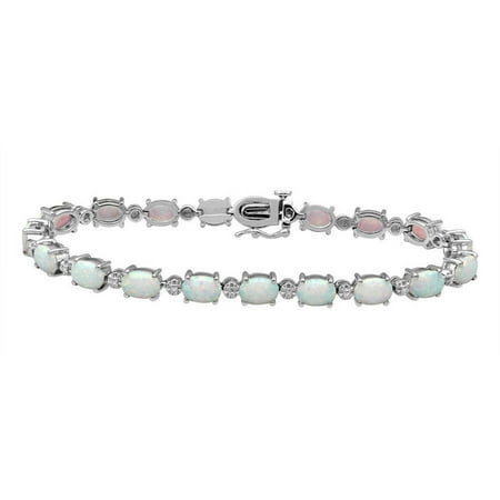 Created Opal and White CZ Sterling Silver Tennis Bracelet