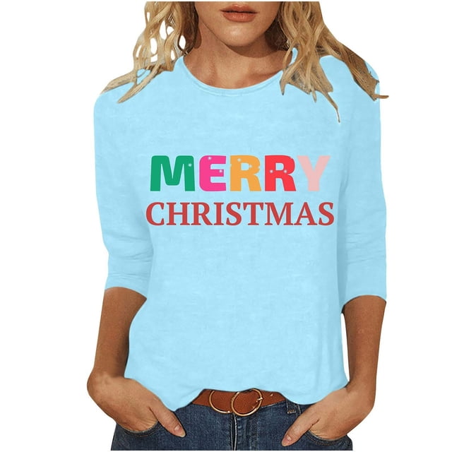 Pisexur Joyeux Noël T-Shirts pour Femmes Col Rond Manches 3/4 Mode Vacances Tee Tops Mode Ample Automne
