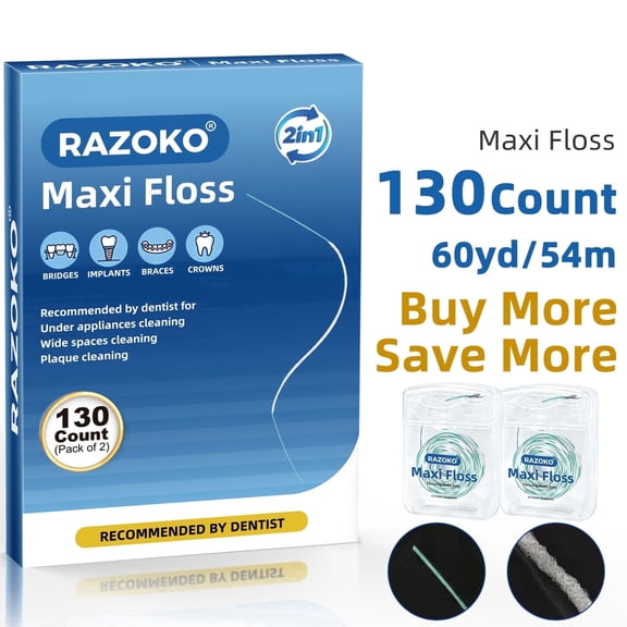 RAZOKO Threader Floss for Braces and Bridges 2-in-1 Fluffy Waxed Deep Teeth Cleaning Unflavored, 130 Pre-Cut Strands, 2 Pack