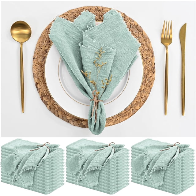 36 Pack Sage Green Cotton Linen Napkins - 16 x 16 Inch Fringed Soft Washable Rustic Dinner Napkins for Wedding Party Dinner Table