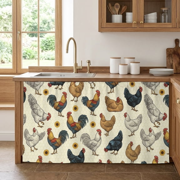 Farm Rooster Cabinet Curtains for Kitchen 28"Wx51"L, Country Watercolor Brown Blue White Chicken Sunflower Under Sink Skirt Magic Tape Short Curtain Decor Privacy Panel for Pantry Cabinet Opening