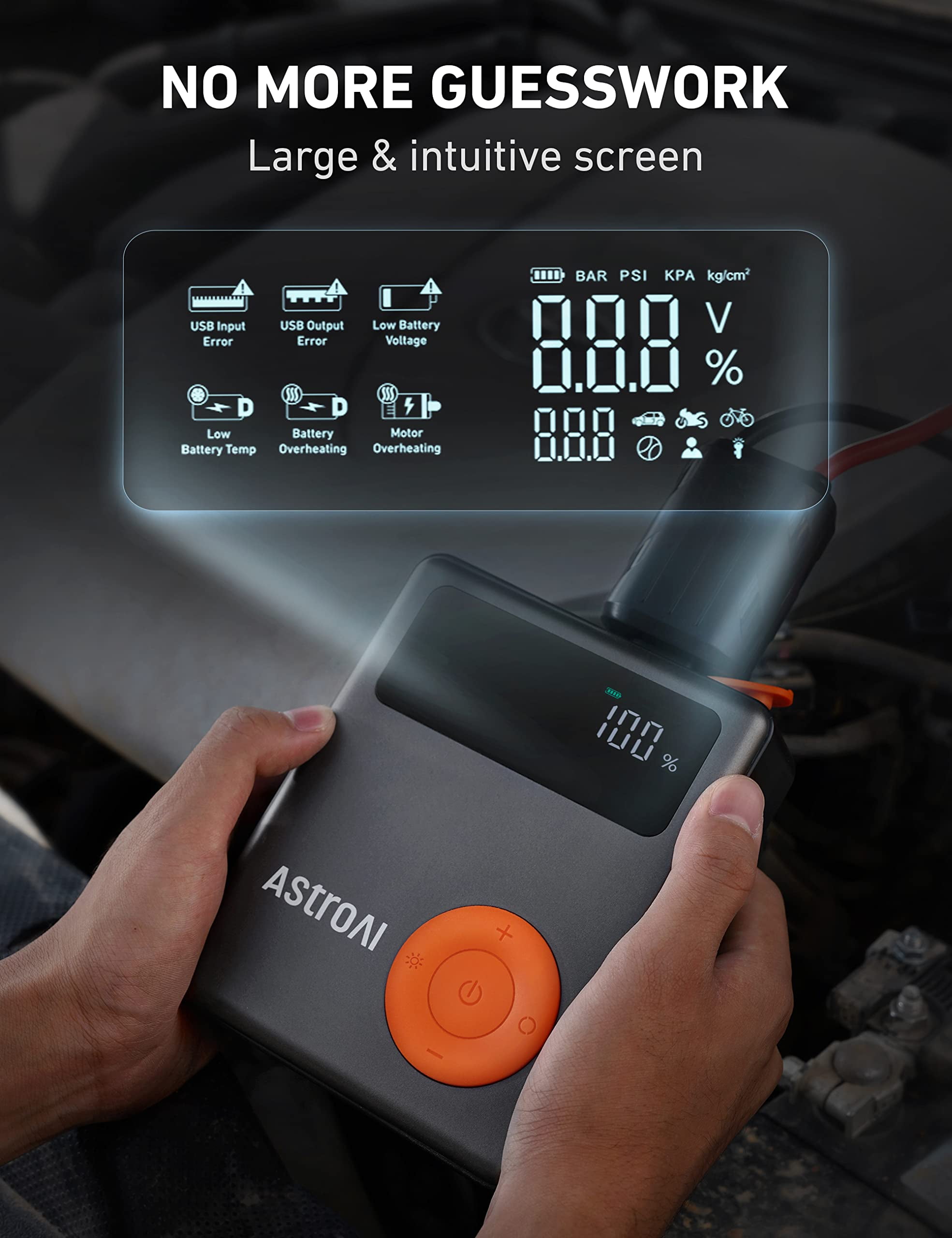 AstroAI Jump Starter with Air Compressor, 150PSI 1750A Peak 12V Battery Jump Box with Cordless Tire Inflator (7.5 Gas/5.0L Diesel), 12V Jump Box, Large LCD Display