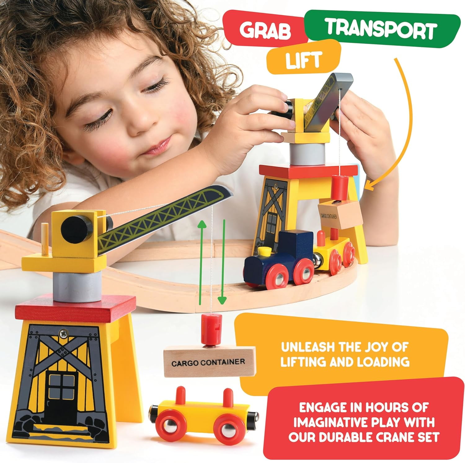 Play22 Compatible Wooden Model Train Track with 1 bulldozer 1 Crane, Wooden, 38 Pieces 11"