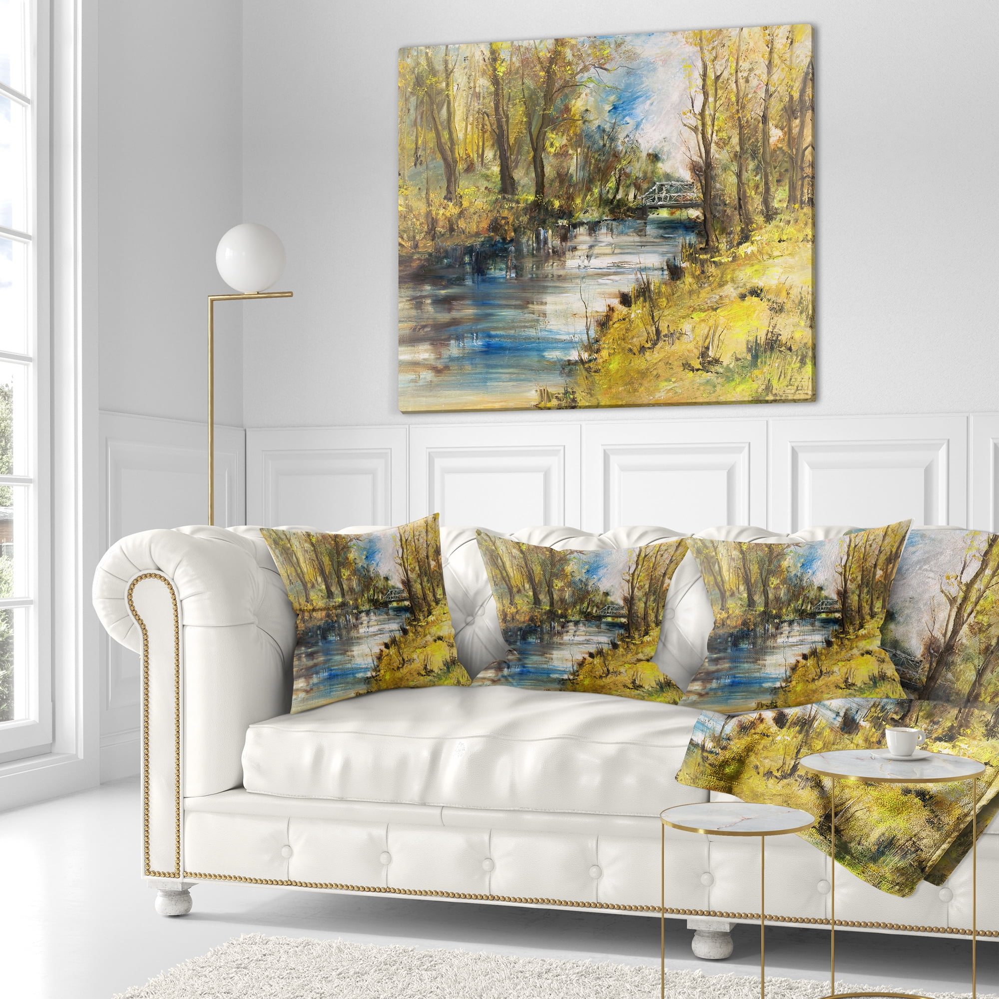 Designart Bridge Over River Oil Painting - Landscape Painting Throw Pillow - 18x18
