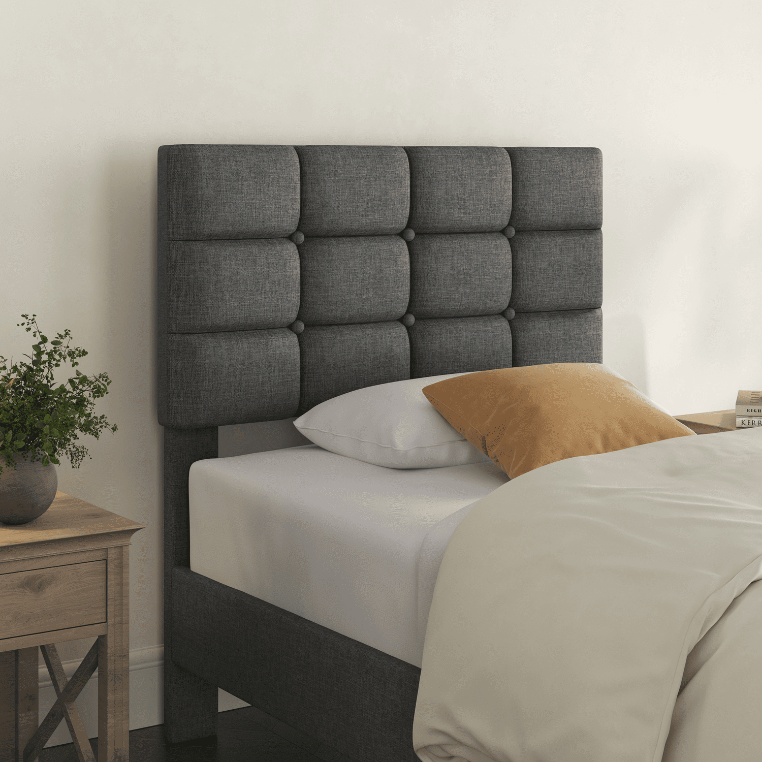 Renwick Twin Upholstered Bed Frame with Square Tufted Headboard, Dark Gray