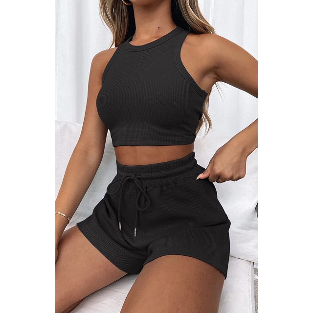 2024 Summer New Sleeveless Waffles Set Solid Color Vest Fashion Casual Short 2-piece Set for Women