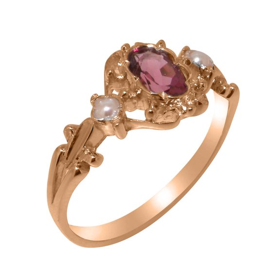LBG British Made 10k Rose Gold Natural Pink Tourmaline & Cultured Pearl Womens Anniversary Ring - 33 size options - Size 10