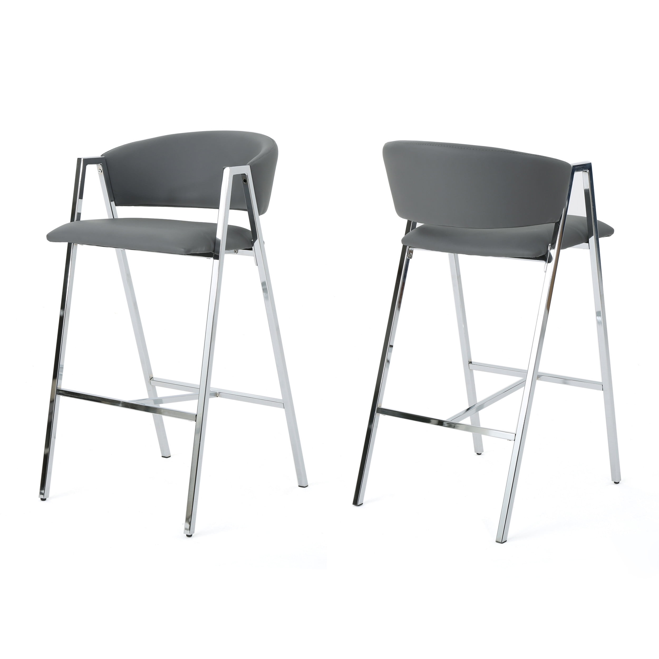 Bar Stools, Modern Barstools Set of 2, PU Leather Upholstered Seat and Backrest with Chrome A-Frame, Counter Height Stools for Dining Room, Kitchen, or Home Bar in Grey