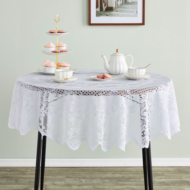 72 Inch White Lace Round Tablecloth - Daisy Flower Embroidered, For Wedding, Baby Shower, Party
