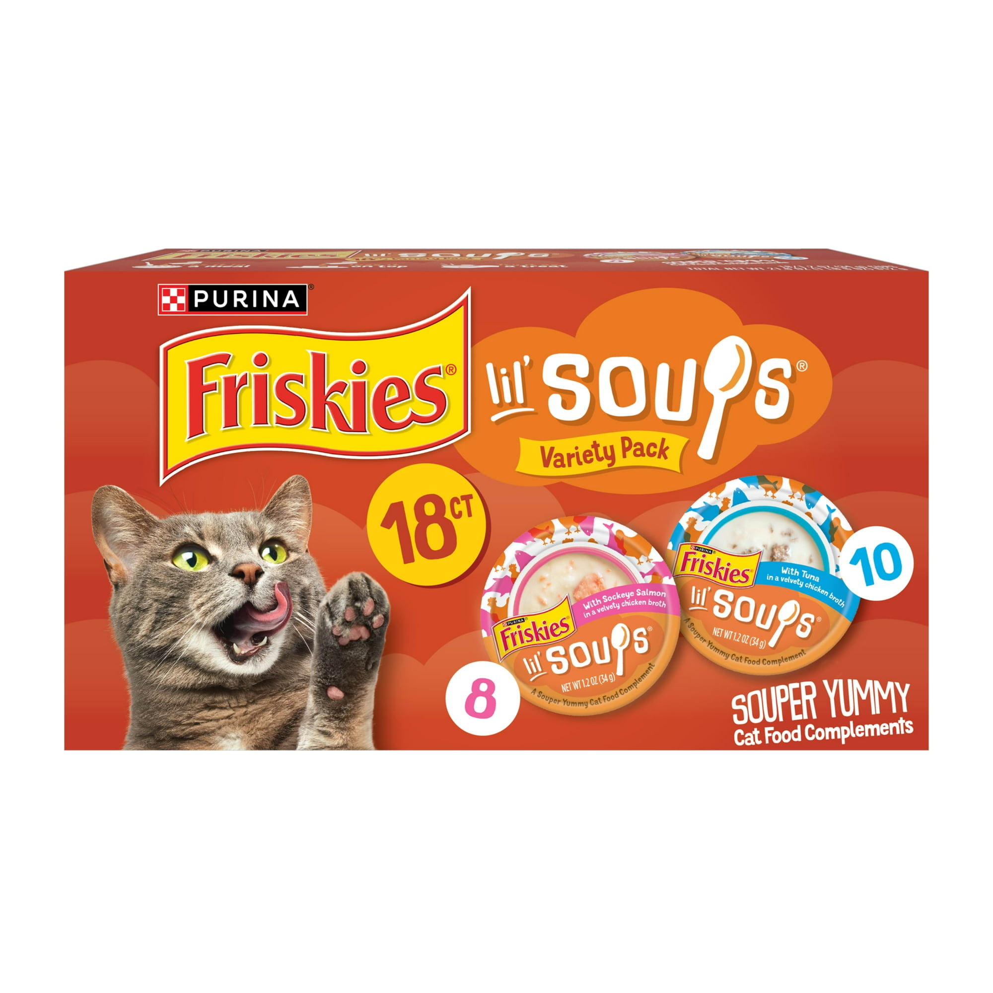 Purina Friskies Lil' Soups Salmon and Tuna for Cats Variety Pack, 1.2 oz Cups (18 Count)