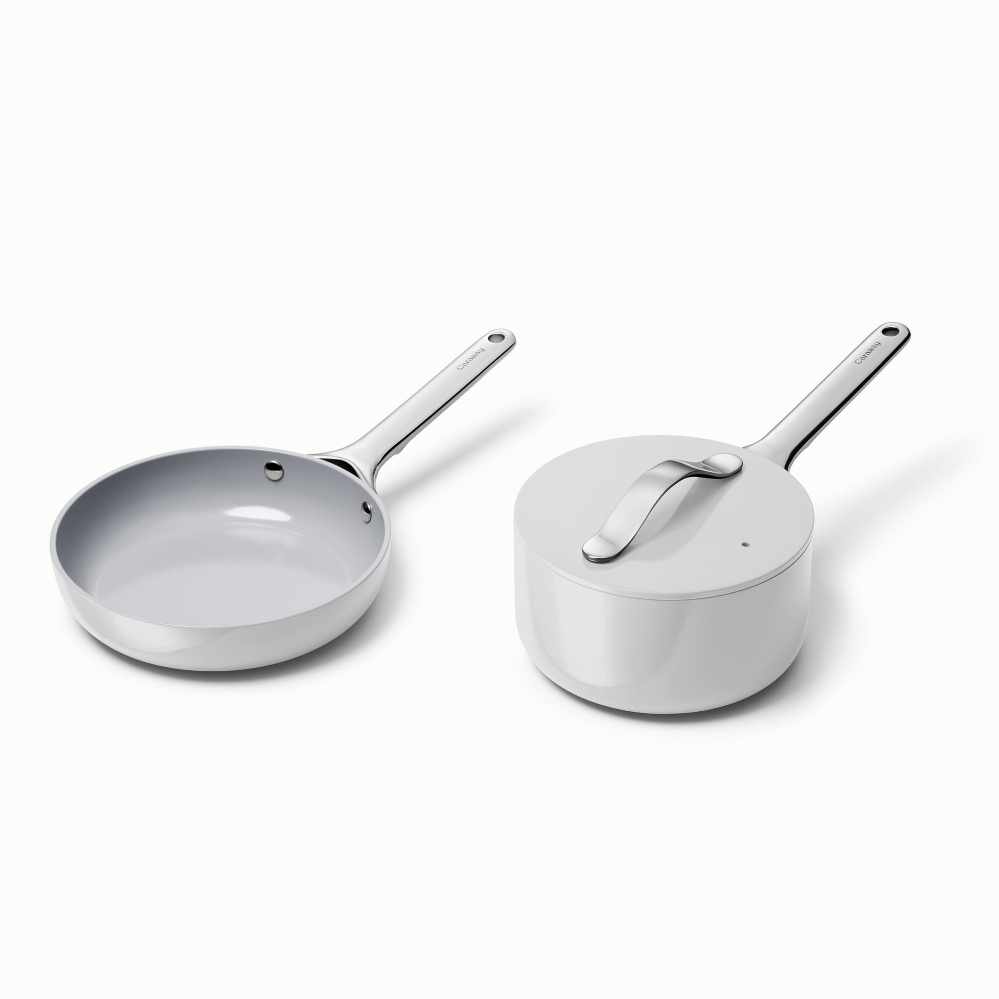 Caraway Mini Cookware Set - Non-Stick Ceramic Fry Pan (1.05 qt, 8") Sauce Pan (1.75 qt) & Storage Rack - Oven Safe & Stovetop Agnostic (Gas, Electric & Induction) - Gray