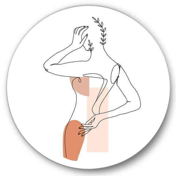 Designart 'One Line Woman Portrait With Shapes and Leaves II' Modern Circle Metal Wall Art 36x36 - Disc of 36