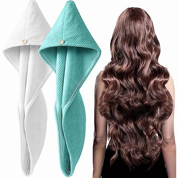 Fu997 2 Pack Microfiber Hair Towel Wrap for Women, Super Absorbent Quick Dry Hair Turban for All Hair Style Anti Frizz, Large Hair Drying Towel with Button