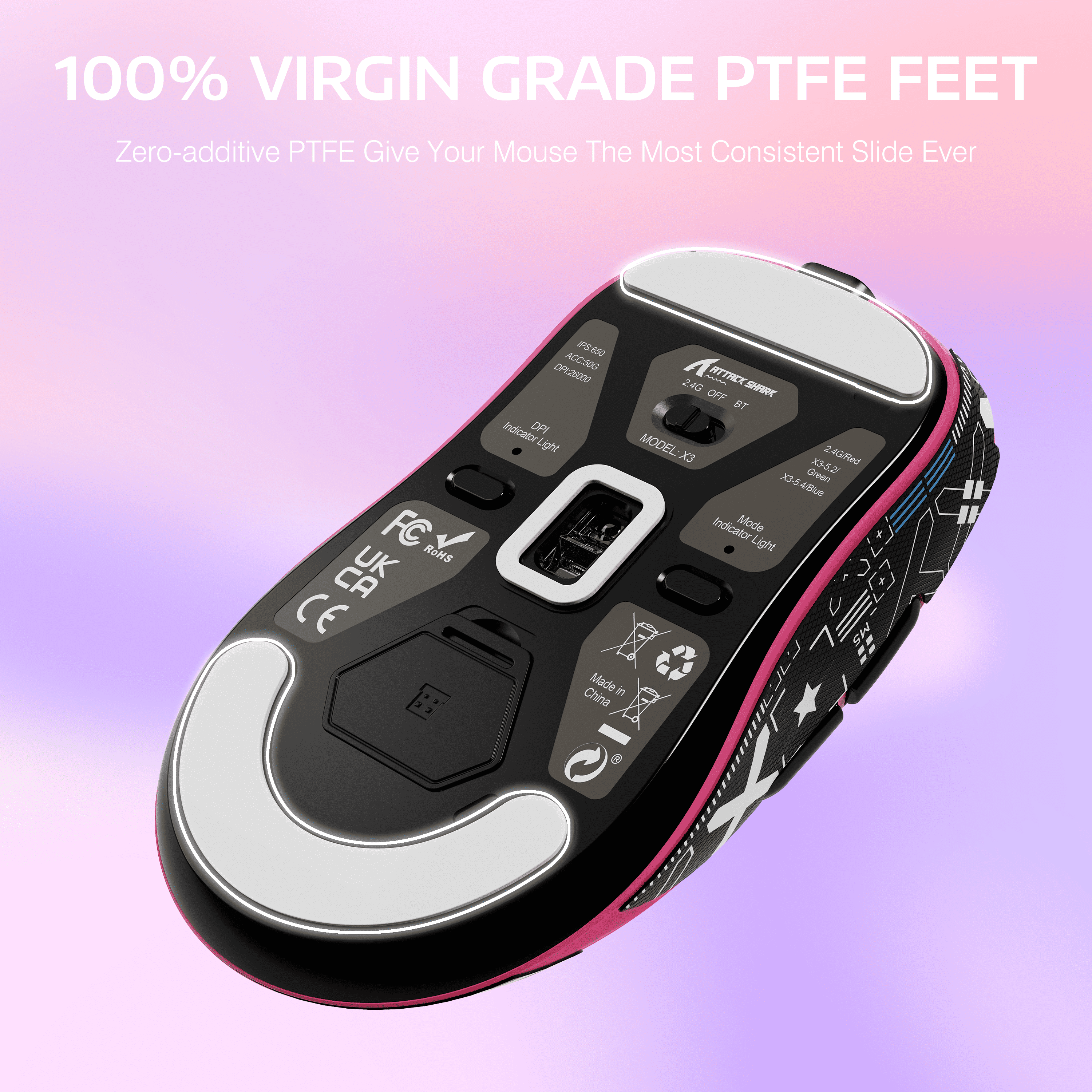 ATTACK SHARK X3 Wireless Gaming Mouse, 49g Ergonomic Design, Tri-Mode Bluetooth/2.4G/USB-C Wired, PAW3395 Optical Sensor, 26000 DPI, Programmable Buttons, for PC/Laptop/Mac, Berry with Griptape