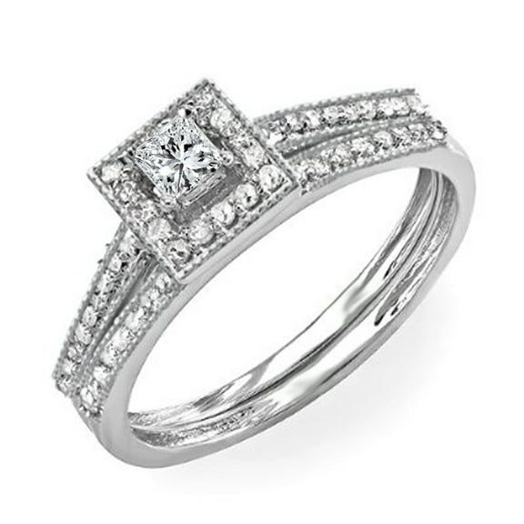 0.50 Carat (ctw) 14k White Gold Round & Princess Diamond Ladies Halo Style Bridal Ring Engagement Set 1/2 CT