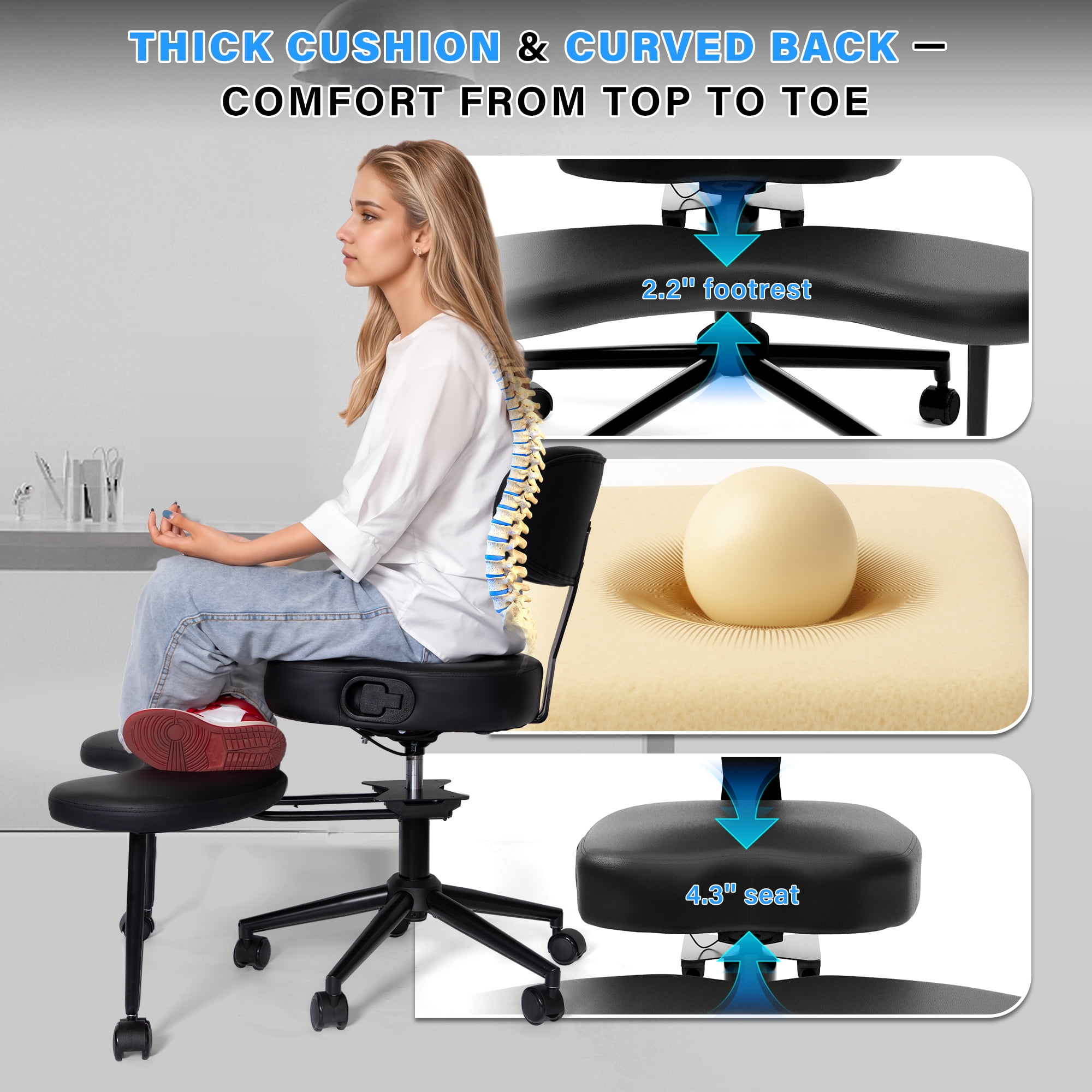 LAUSAINT HOME Ergonomic Cross Legged Swivel Chair, Adjustable Height, Meditation& ADHD Chair with Back Support, Home and Office, BLACK
