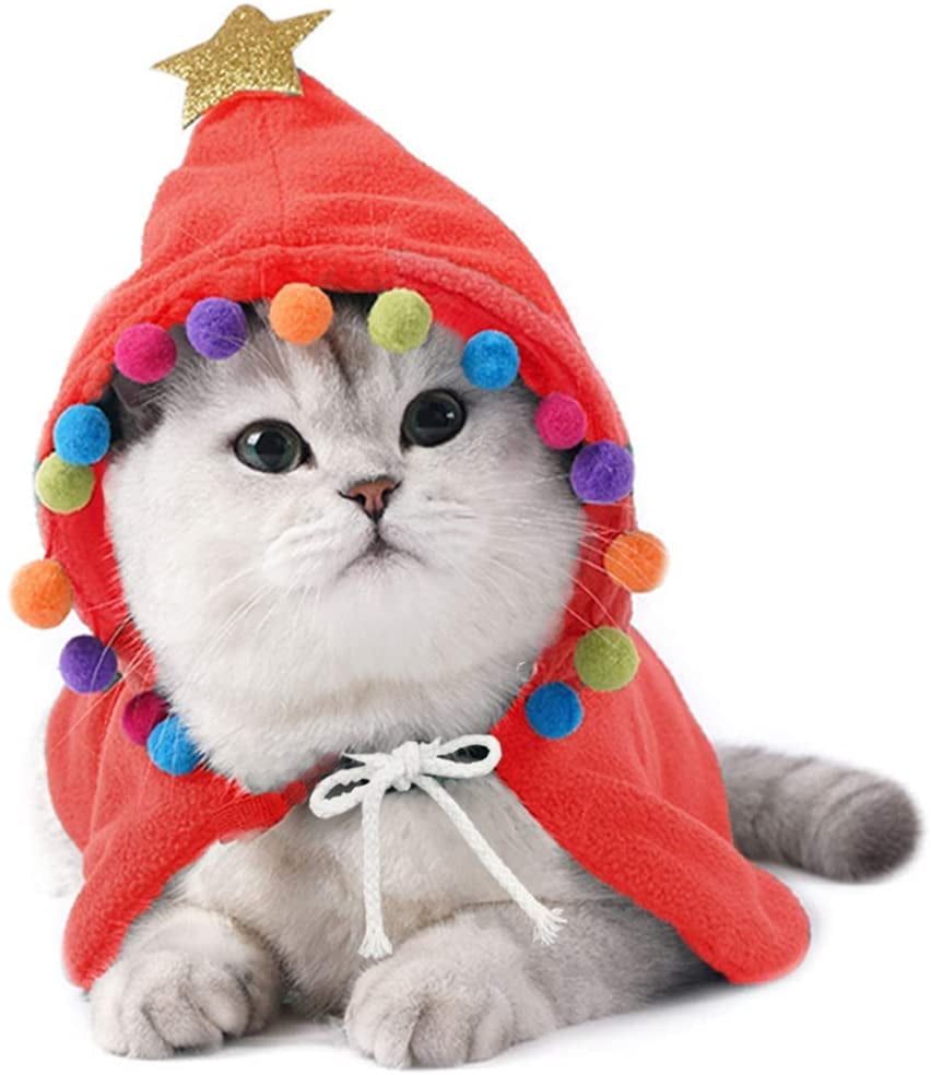 Pet Christmas Costume Puppy Xmas Cloak with Star and Pompoms Cat Santa ...