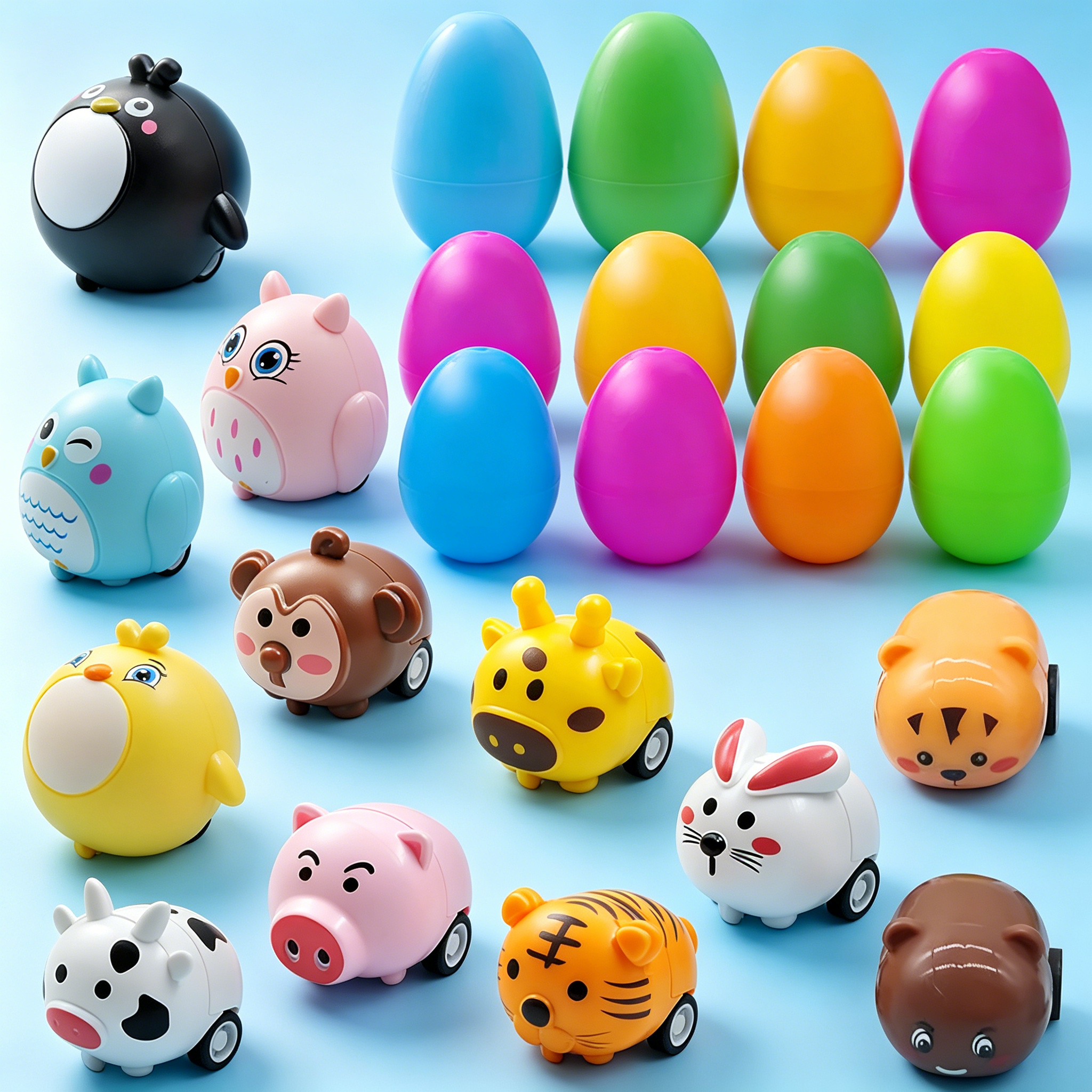 BESTSKY 2026 New Easter Eggs Pre Filled with Animals Pull Back Cars Toys Bunny Vehicle Surprise Eggs Kids Boys Girls Toddlers Easter Basket Stuffers Fillers Easter Eggs Party Favor