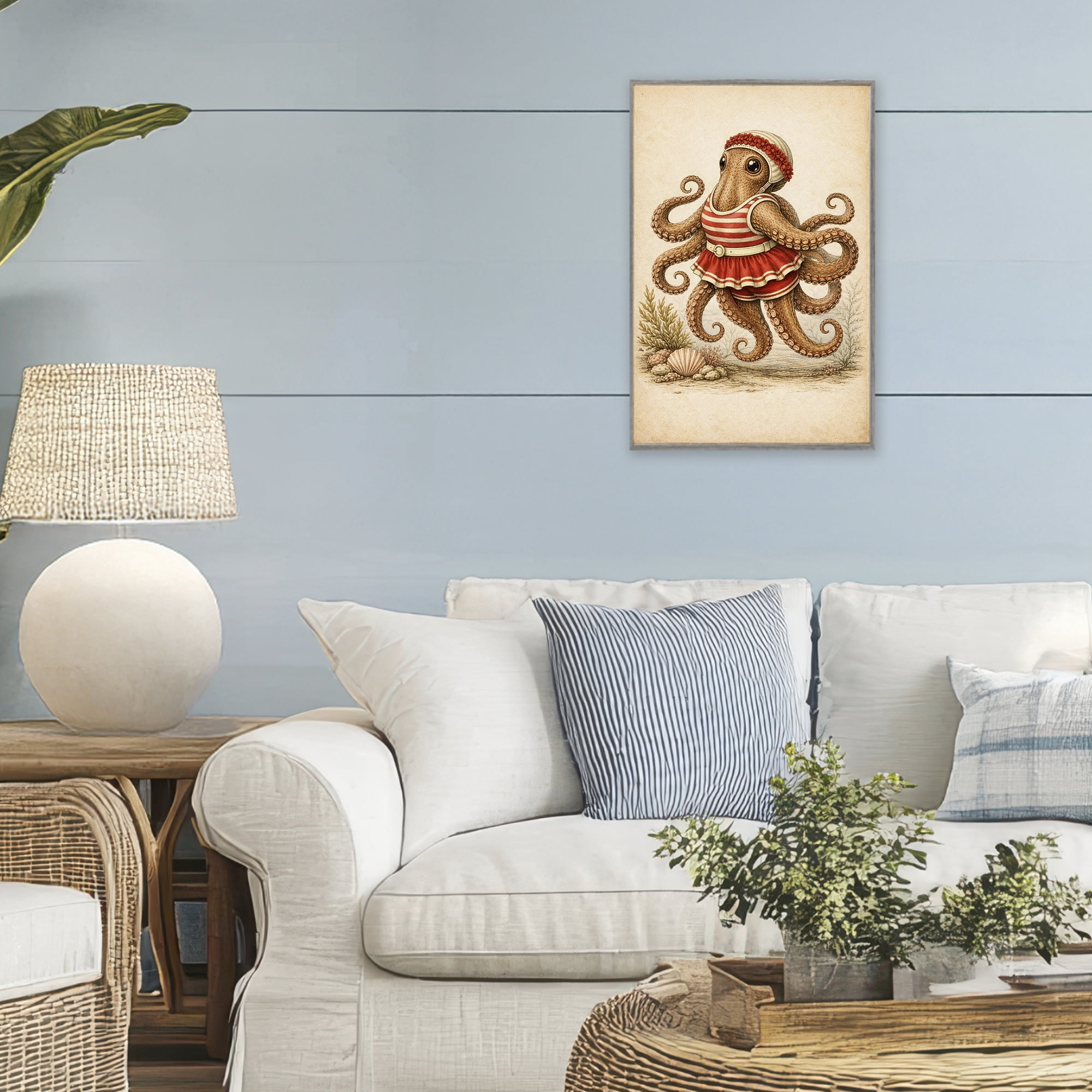 Stupell Industries Octopus of Maritime Bathing Society Gray Framed Giclee Art, design by Grotto Studios