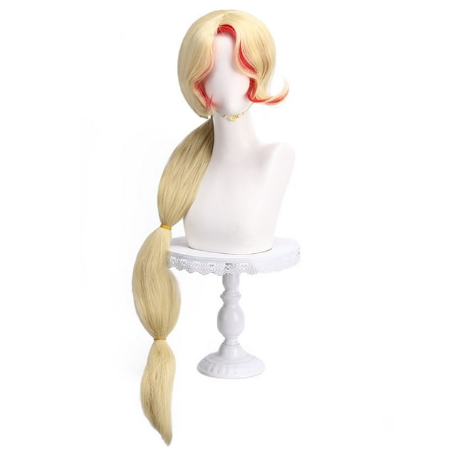 Peluca de cosplay rubia con cola de caballo larga con detalles rojos, 100 cm